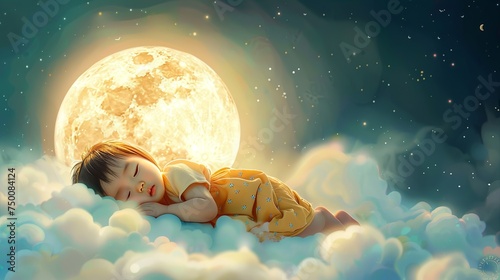 fantasy illustration of a baby sleeping on a cloud, behind is the Moon