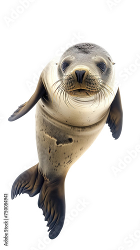 A seal is swimming in the ocean and looking at the camera isolated on white or transparent background, png clipart, design element. Easy to place on any other background. photo