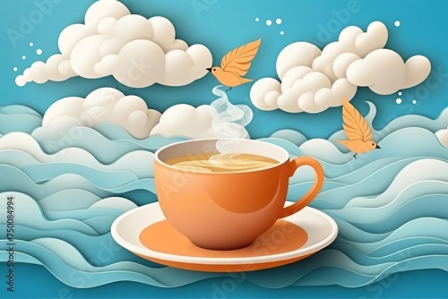 Cup of English tea with steam  clouds and birds. Tea concept.