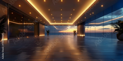 D rendered room with recessed spotlights illuminating the ceiling at night. Concept 3D Rendering, Interior Design, Recessed Lighting, Nighttime Ambiance photo