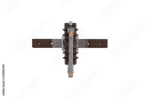 Foto High Voltage Protection system with Dropout Fuse and Animal Barrier Bracket on wooden perch isolated on white background