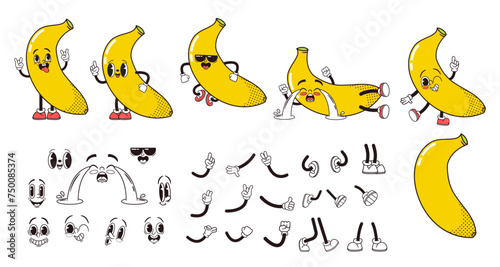 Cartoon Ripe Banana Tropical Fruit Character Body Parts, Hands, Legs And Faces Construction Kit. Isolated Vector Set