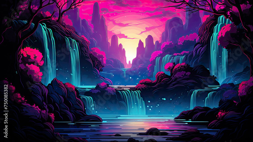 neon waterfall cascade vector style illustration