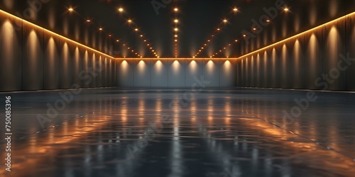 D Rendering of a Room with Recessed Spotlights Lighting Up the Ceiling at Night. Concept Room Design, Recessed Lighting, Nighttime Ambiance, 3D Rendering