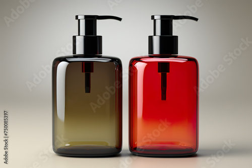 Amber Glass Pump Bottle Mock-Up - Liquid Soap, Shampoo Dispenser - Two Bottles. 3D Illustration