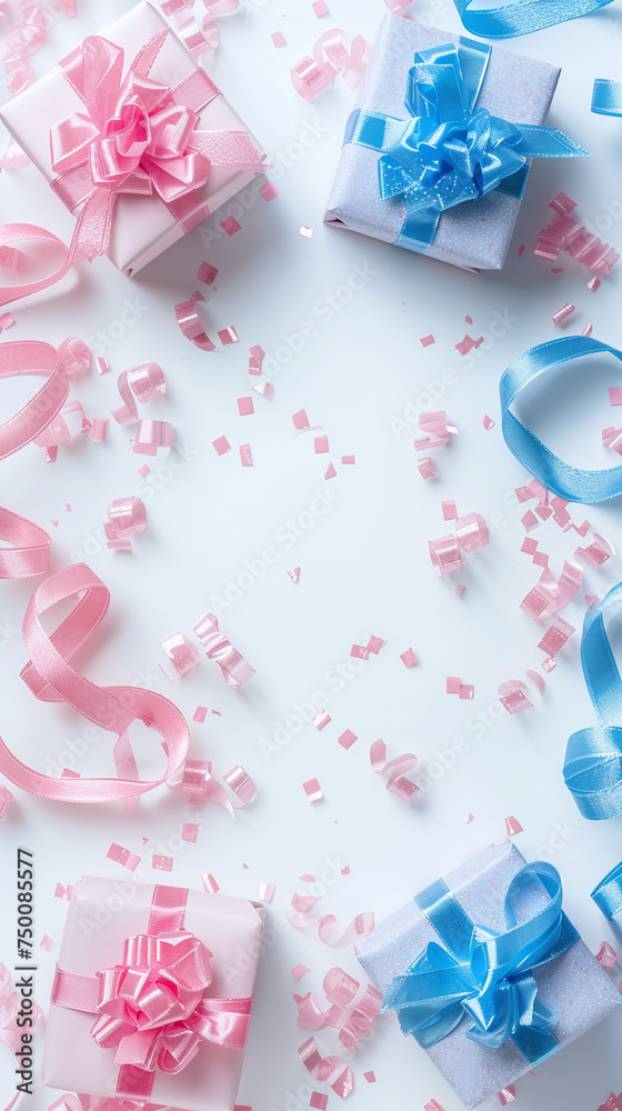 Pink and blue gift boxes with ribbon and confetti. For invitation, card, gender party, presentation. Copy space for text