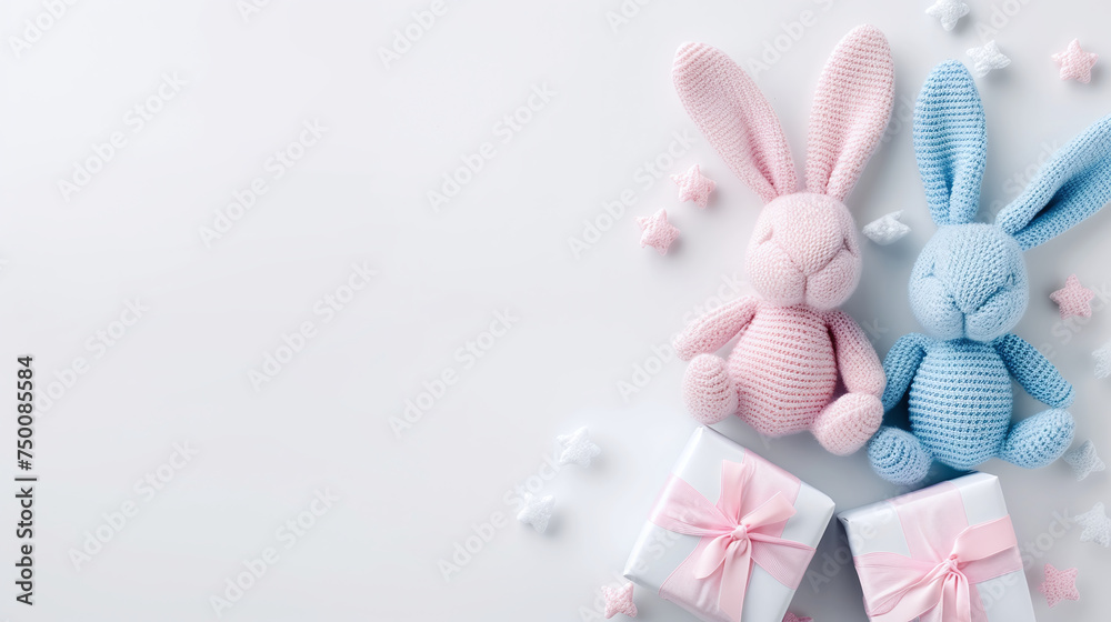 Gender reveal invitation or banner template with pink and blue rabbits. Background with space for text - obrazy, fototapety, plakaty 