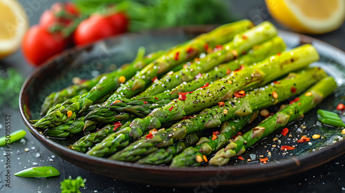 Bunch of grilled asparagus on a wooden plate
