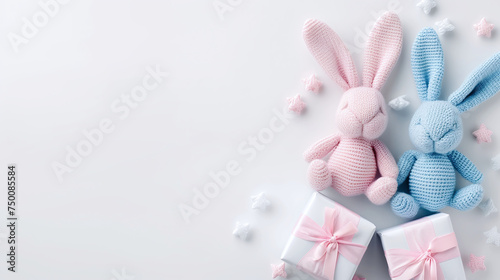 Gender reveal invitation or banner template with pink and blue rabbits. Background with space for text