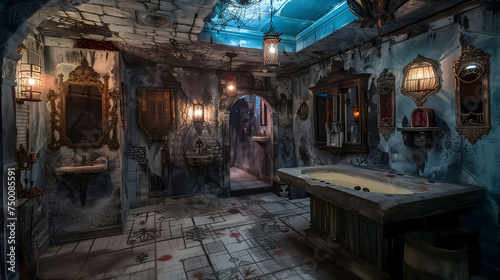 Abandoned interior space transformed into a terrifying escape room  featuring eerie lighting  ominous decor  and hidden clues