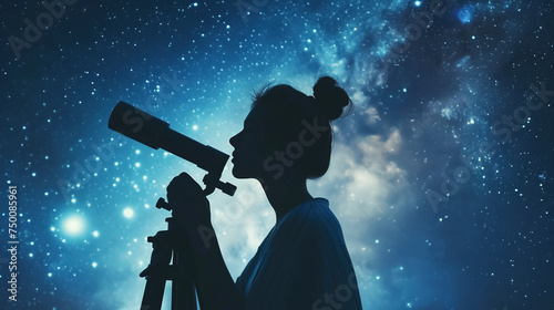 A young woman explores the stars through a telescope, making a journey into Universe, Silhouette of a woman against the background of the cosmic sky