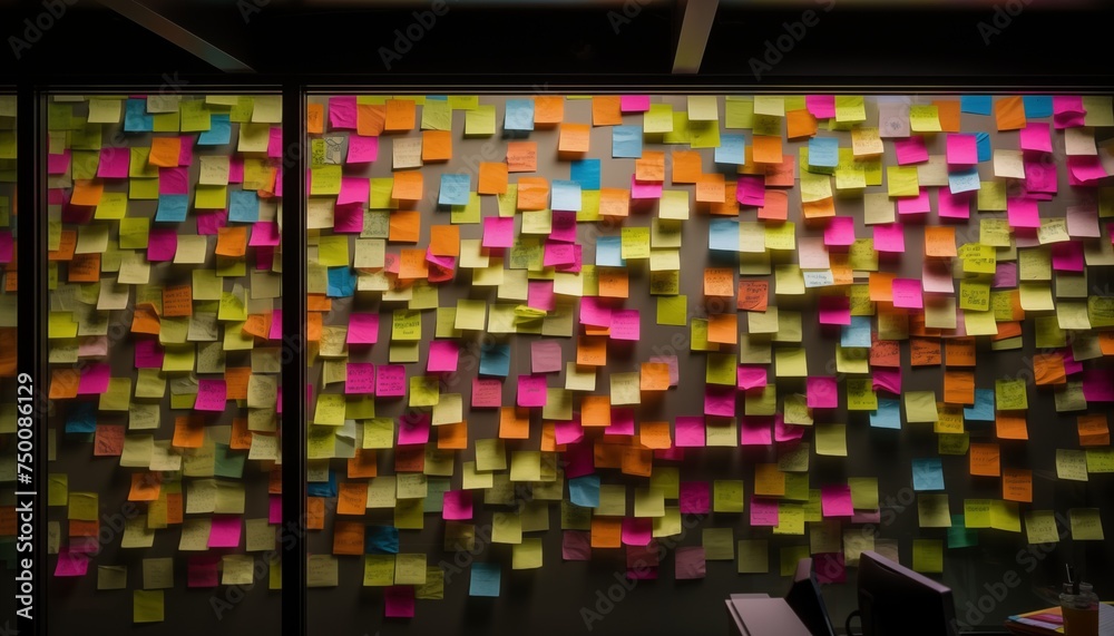 A wall full of sticky notes, an office bord with sticky notes 