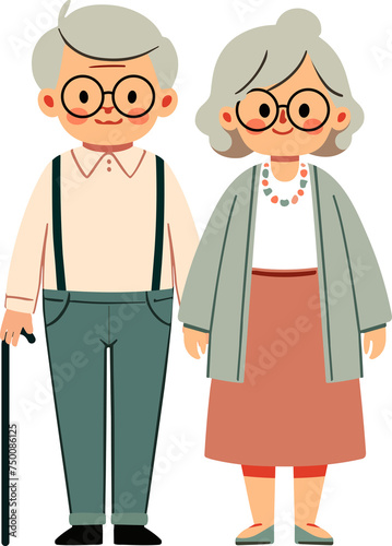 Cute cartoon elderly family members, old couple.