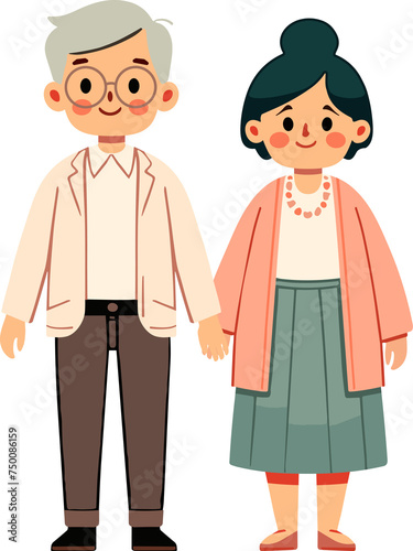 Cute cartoon elderly family members, old couple.