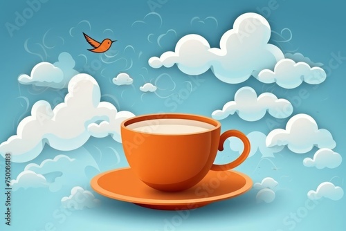 Cup of English tea with steam, clouds and birds. Tea concept.