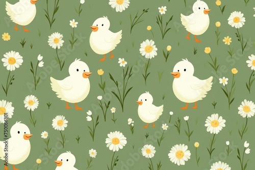 Cute floral and chicks pattern on green background