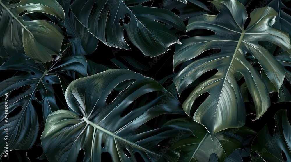 A serene depiction of monstera deliciosa foliage, with a focus on the deep green hues and contrasting shadows A serene depiction of monstera deliciosa foliage, with a focus on the deep green hues and contrasting shadows