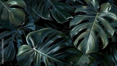 A serene depiction of monstera deliciosa foliage, with a focus on the deep green hues and contrasting shadows