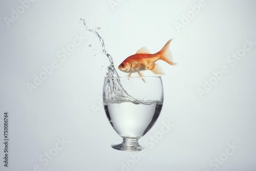 A fish jumps out of a glass of water. Creative minimal concept.