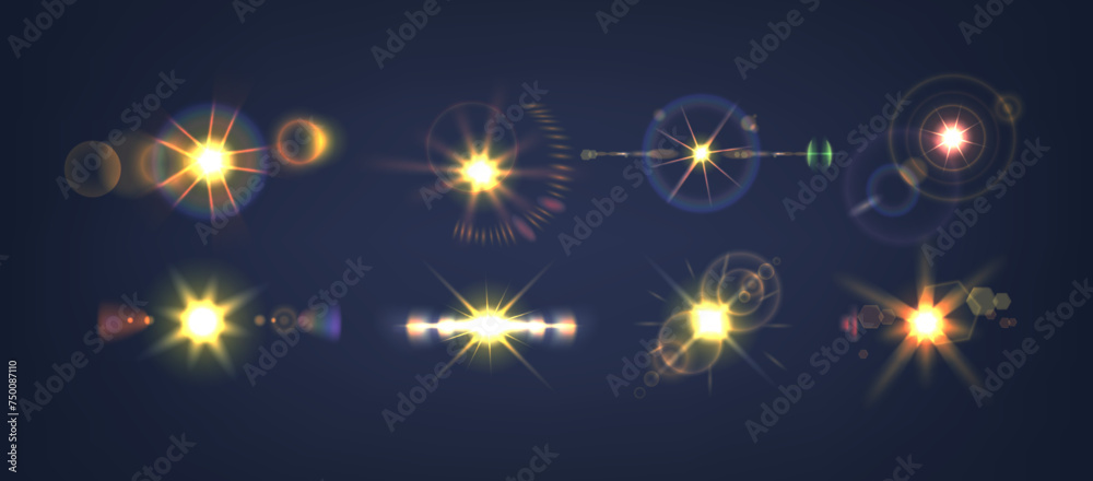 Vector Set Radiant Burst Of Sunlight Flares, Vibrant Glare And Shimmering Beams. Lens Flare Effect With Glowing Energy Vector Set Radiant Burst Of Sunlight Flares, Vibrant Glare And Shimmering Beams. Lens Flare Effect With Glowing Energy