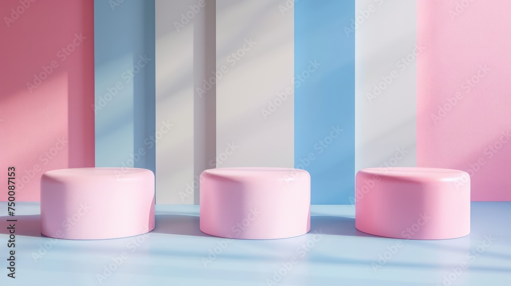 Three cylindrical pink podiums stand against a striped pastel blue, gray, and pink background, casting soft shadows Three cylindrical pink podiums stand against a striped pastel blue, gray, and pink background, casting soft shadows