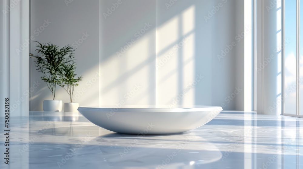 A modern, minimalist bathroom featuring a freestanding bathtub with sunlight casting shadows on a tiled floor and a plant beside it A modern, minimalist bathroom featuring a freestanding bathtub with sunlight casting shadows on a tiled floor and a plant beside it