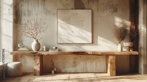 A reclaimed wood console table, its surface adorned with a carefully curated selection of minimalist decor pieces.