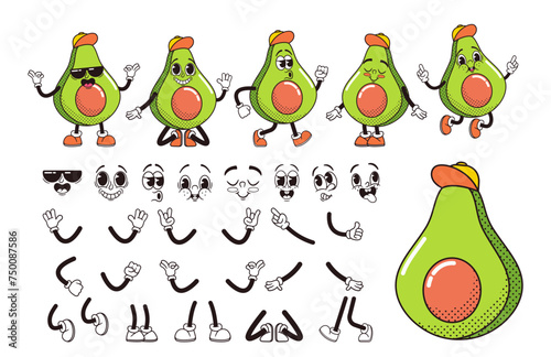 Cartoon Avocado Half Fruit Character Construction Kit. Isolated Vector Personage Generation Creation Set