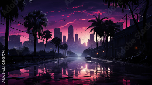 Twilight Hues Over Cityscape with Palm Silhouettes © heroimage.io