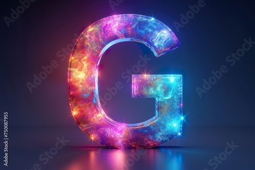 Letter G - colorful glowing outline alphabet symbol on blue lens flare isolated white background background