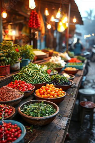 Colorful and diverse market scene with fresh greens and vegetables on the stand on farmers market.