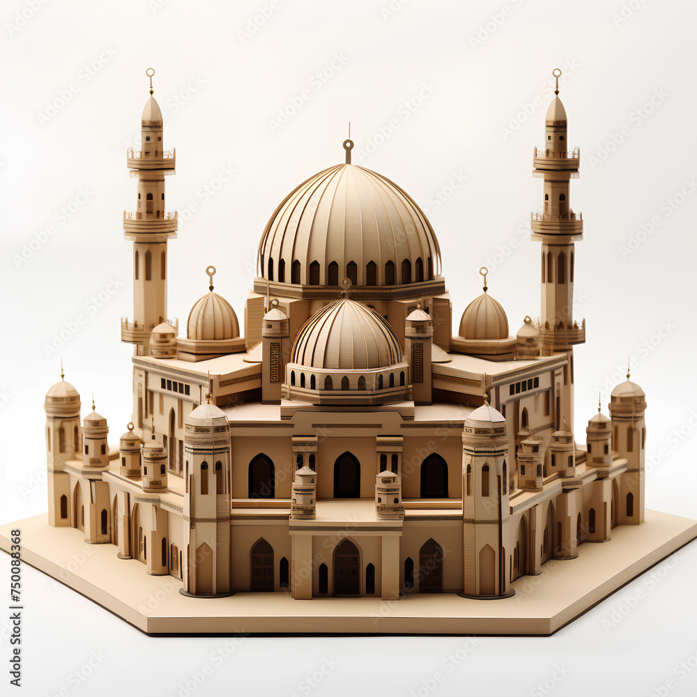 Obraz premium Mosque in a 3d model form made of paper, in the style of dark beige