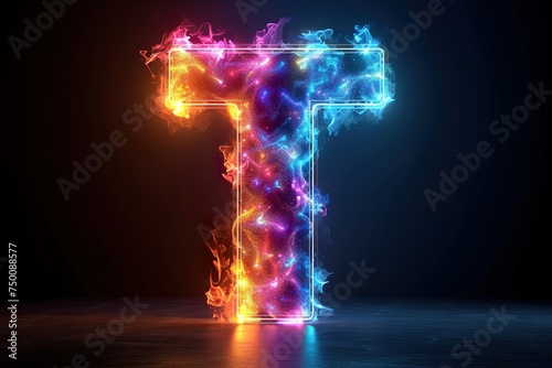 Letter T - colorful glowing outline alphabet symbol on blue lens flare isolated white background background