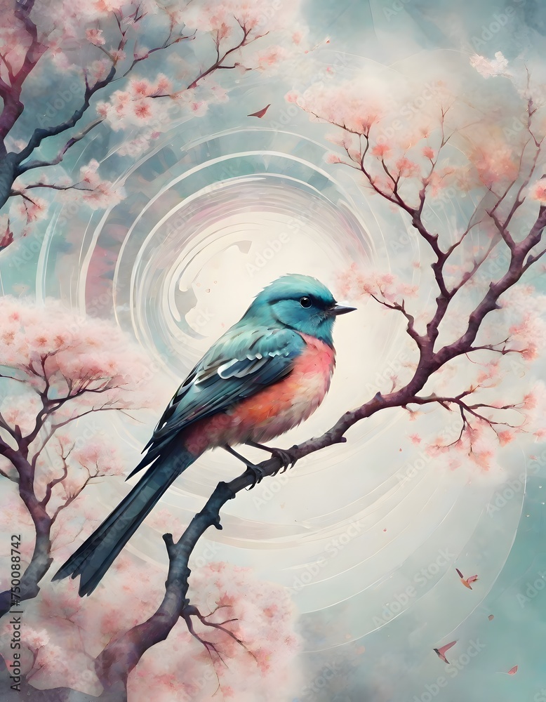 Serene Scene of Vibrant Blue Bird Perched on a Blossoming Branch, Generative AI Serene Scene of Vibrant Blue Bird Perched on a Blossoming Branch, Generative AI