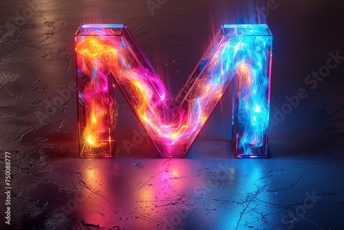 Letter M - colorful glowing outline alphabet symbol on blue lens flare isolated white background