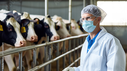 A masked veterinarian at the farm during an inspection of cows and livestock. World Veterinarian Day © Irina