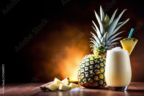 Pina Colada Cocktail Drink with pineapple and coconut, dark background, copy space. Summer tropical delicious cocktail with fruits, vacation concept. Fresh summer cocktail, fresh summer drink concept photo