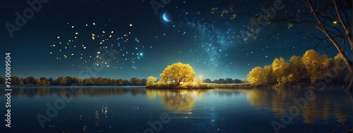 yellow trees of life or meditation relaxation concept with glowing golden fireflies in mystical fantasy abstract blue night sky showered by moonlight over river lake as wide banner