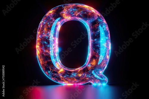 Letter Q - colorful glowing outline alphabet symbol on blue lens isolated white background