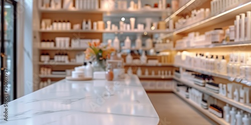 A table in a cosmetics shop with blurred background. Empty white table in a pharmacy. Modern cosmetics market. White marble table in store. Demonstration of cosmetic products for ad. Blog presentation