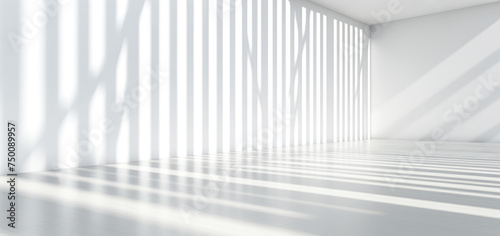 An empty white room with copyspace full lights and shadows , a modern interior space, bathed in natural light that casts intriguing linear shadows across floor and walls, a serene environment