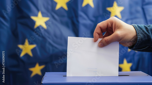 A hand casting a ballot into a voting box with the European Union flag in the background, symbolizing democratic participation.