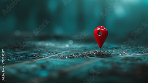 white map background with a red map pin, in the style of dark aquamarine and red, digital neon, contact printing, vray, dark azure.