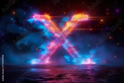 Letter X - colorful glowing outline alphabet symbol on blue lens isolated white background