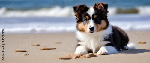 A young Shetland Sheepdog with a fluffy brown and white coat is lying down on top of a sandy beach, enjoying the warm sun and ocean breeze