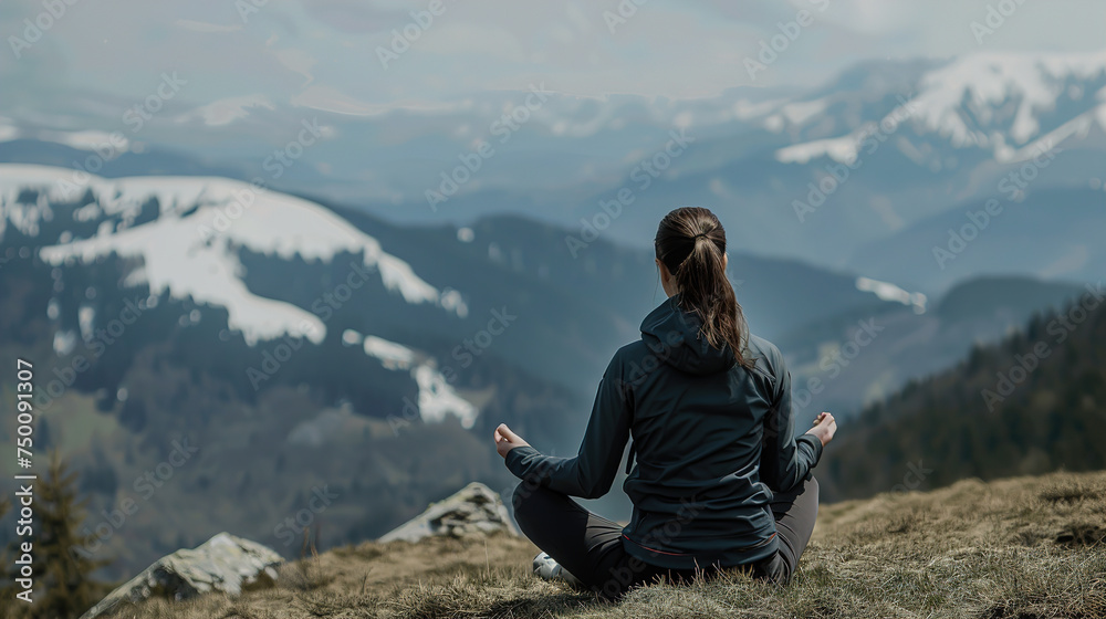 Serenity and yoga practicing at mountain range,meditation. A young woman meditates sitting on a Mountain