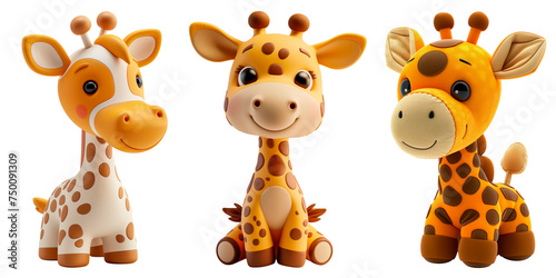 Three cute cartoon style baby giraffes toys, smiling and wide eyed, big bright eyes and floppy ears, isolated with a transparent background.