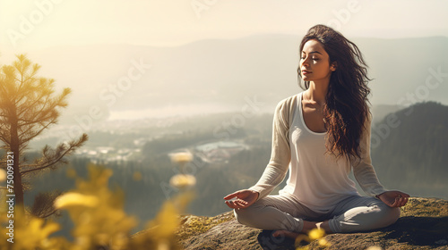 Serenity and yoga practicing at mountain range,meditation. A young woman meditates sitting on a Mountain