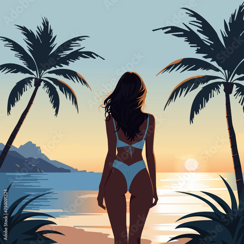Vector illustration of a sexy young girl in a bikini posing on the beach at sunset.
