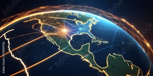 Digital world globe centered on USA, concept of global network and connectivity on Earth, data transfer and cyber technology, information exchange and international telecommunicatio
